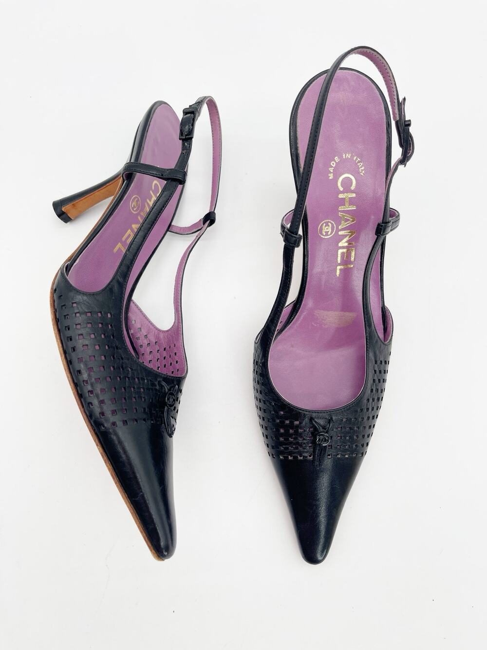 Chanel Vintage Black Perforated Leather CC Logo Slingback Pumps Heels EU 36